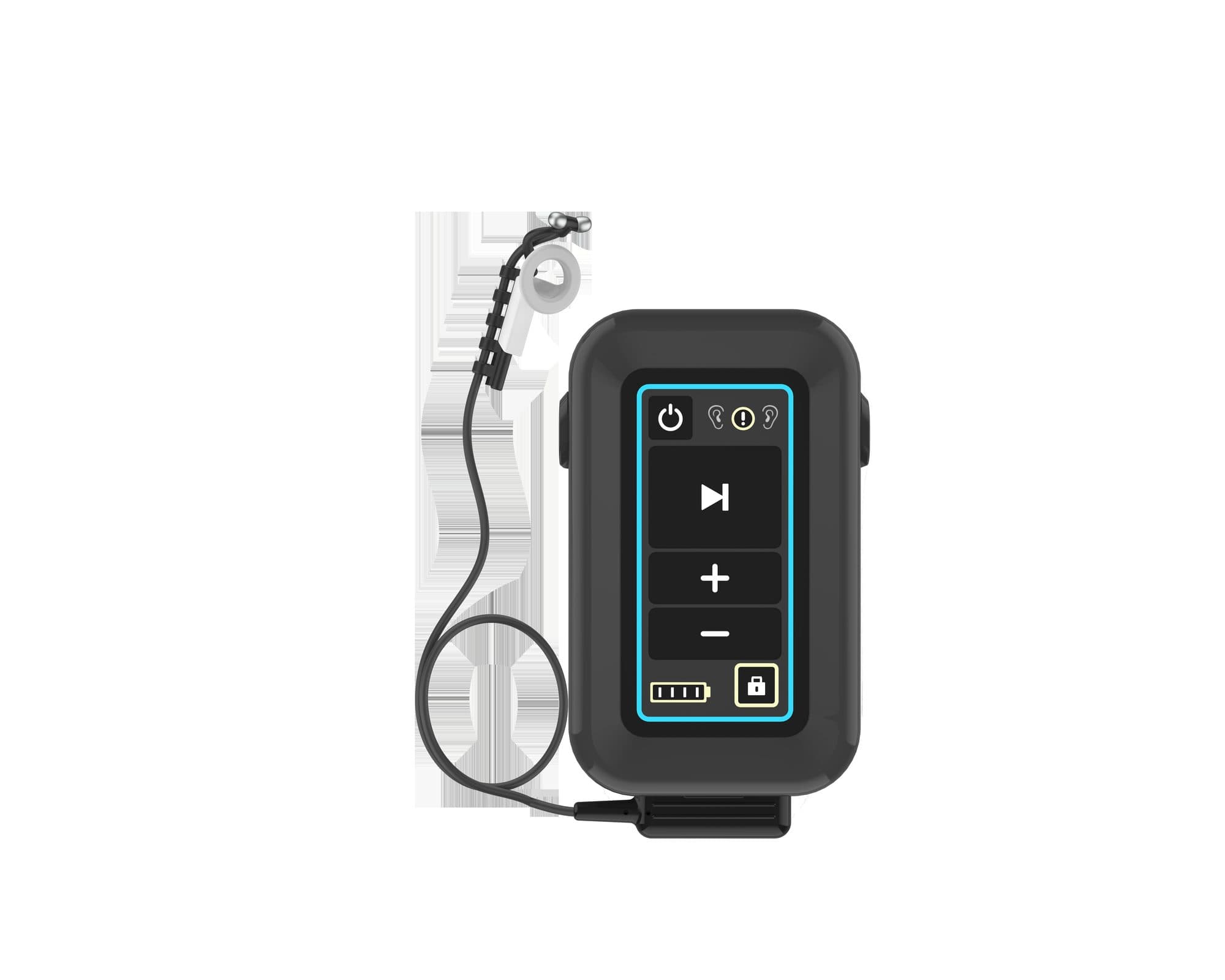 The tVNS stimulator unit seen face on, with the ear electrode clipped to its top edge. The control face has a play-pause button, plus and minus intensity buttons, a battery indicator, and a lock button.